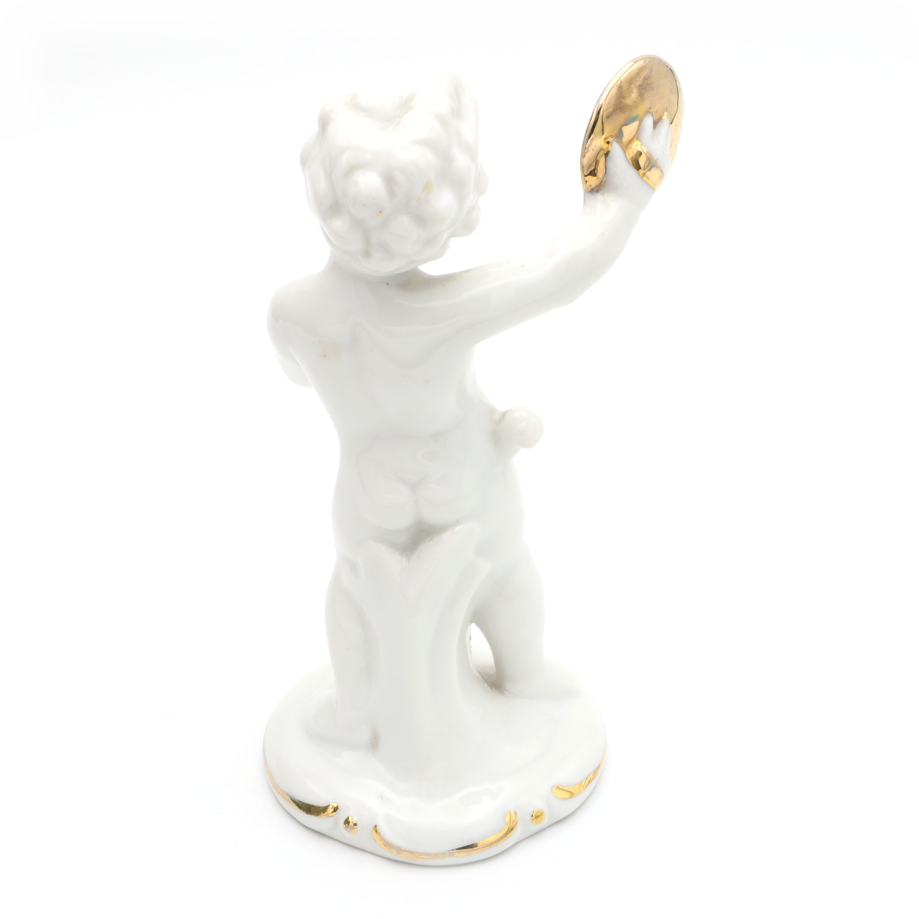 Porzellan-Figur Statue Miniatur Dekoratives Ornament Capodimonte Engel Putto Vergoldete Zimbeln Art Deco Handbemalt, Vintage Keramik Sammlerskulptur